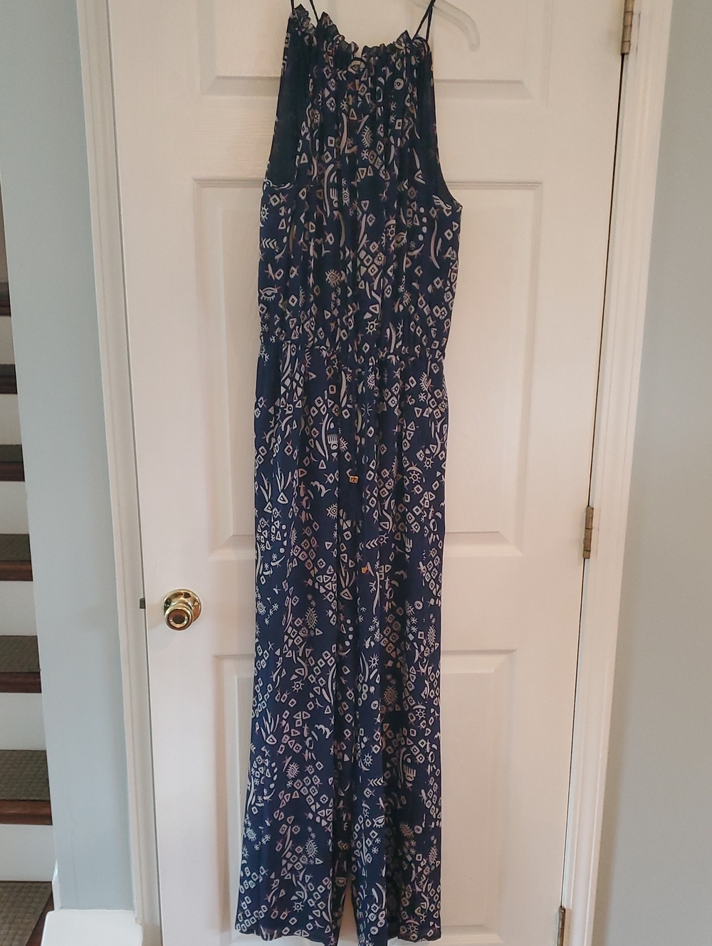 Tory Burch Navy Blue Patterned Silk Halter Jumpsuit